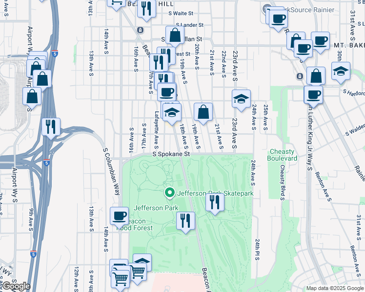 map of restaurants, bars, coffee shops, grocery stores, and more near 3421 Beacon Avenue South in Seattle