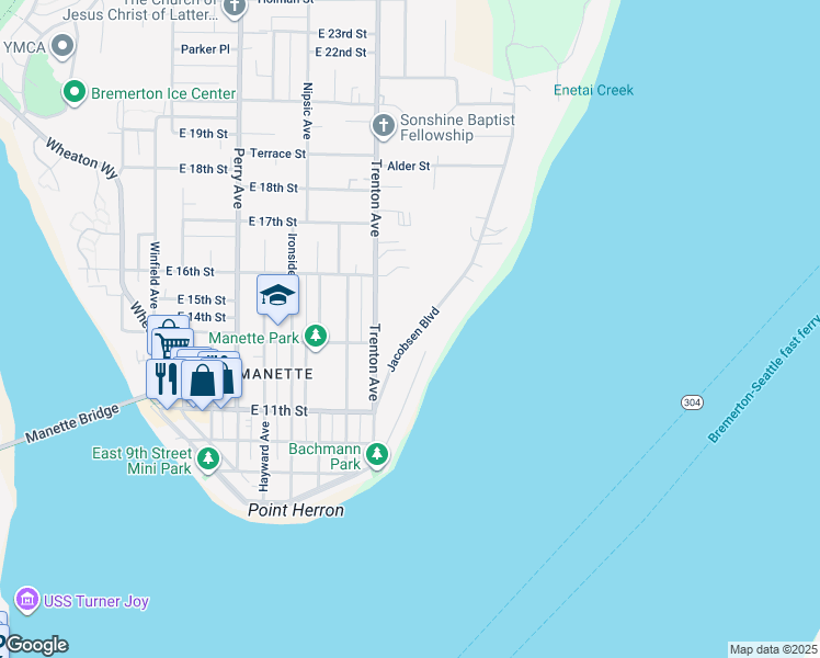 map of restaurants, bars, coffee shops, grocery stores, and more near 1325 Jacobsen Boulevard in Bremerton
