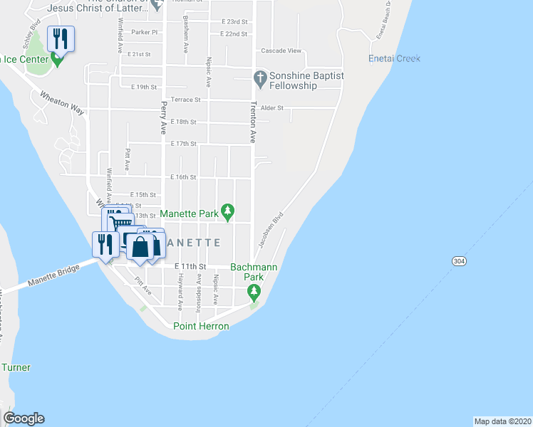 map of restaurants, bars, coffee shops, grocery stores, and more near 1325 Jacobsen Boulevard in Bremerton