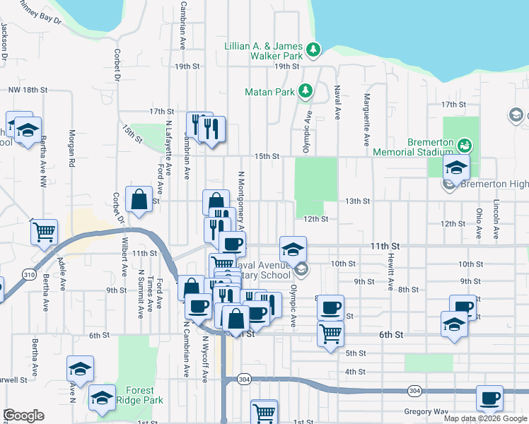 map of restaurants, bars, coffee shops, grocery stores, and more near 1145 Bloomington Avenue in Bremerton