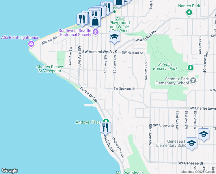 map of restaurants, bars, coffee shops, grocery stores, and more near 3452 60th Avenue Southwest in Seattle