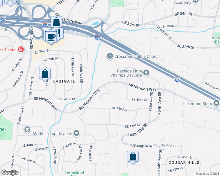 map of restaurants, bars, coffee shops, grocery stores, and more near 15817 Southeast Newport Way in Bellevue