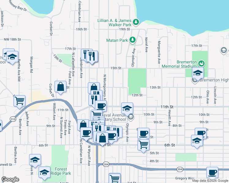 map of restaurants, bars, coffee shops, grocery stores, and more near 1145 Bloomington Avenue in Bremerton