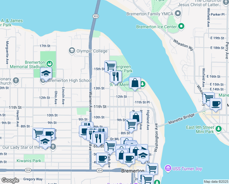 map of restaurants, bars, coffee shops, grocery stores, and more near 1215 McKenzie Avenue in Bremerton