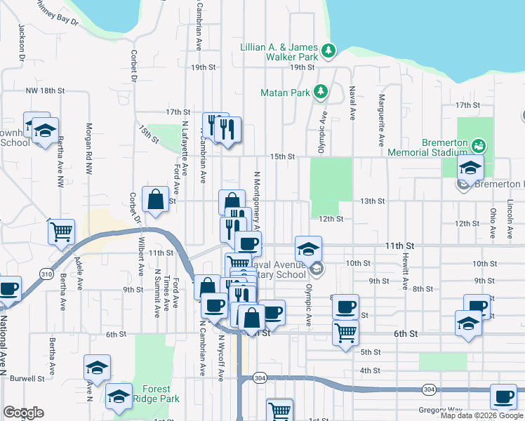 map of restaurants, bars, coffee shops, grocery stores, and more near 1138 North Montgomery Avenue in Bremerton