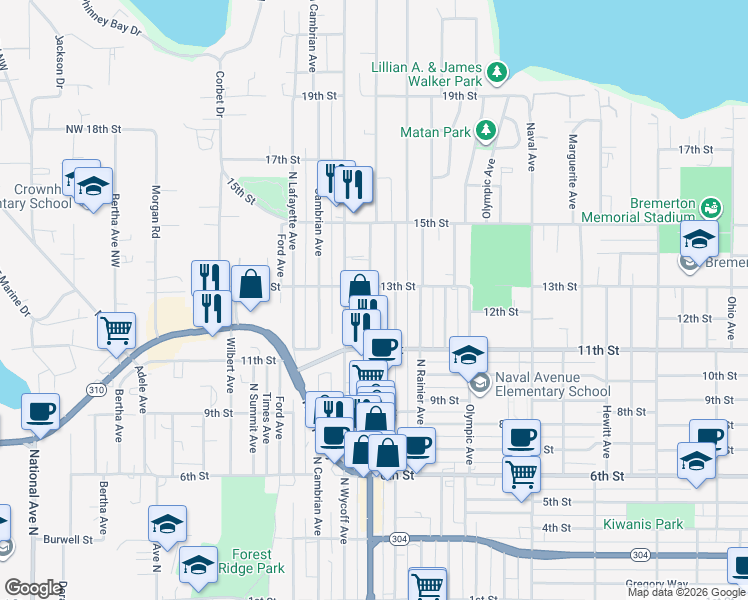 map of restaurants, bars, coffee shops, grocery stores, and more near 1138 North Callow Avenue in Bremerton