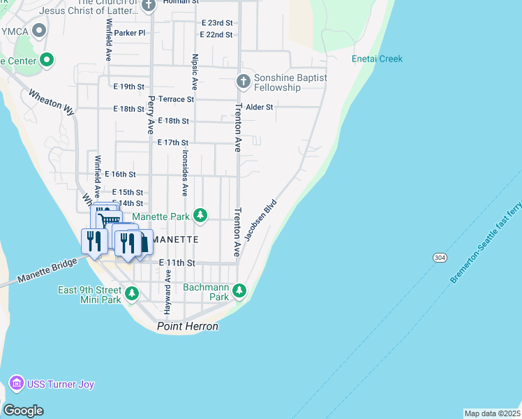 map of restaurants, bars, coffee shops, grocery stores, and more near 1325 Jacobsen Boulevard in Bremerton