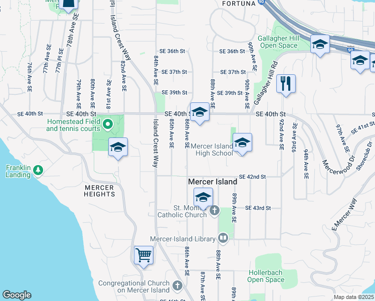 map of restaurants, bars, coffee shops, grocery stores, and more near 4120 86th Avenue Southeast in Mercer Island