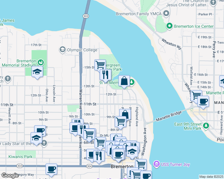 map of restaurants, bars, coffee shops, grocery stores, and more near 1217 Sheldon Boulevard in Bremerton