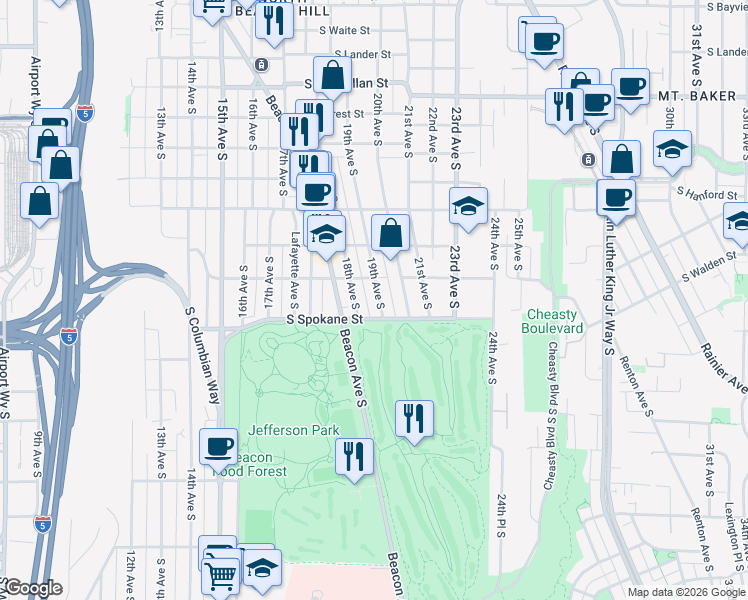 map of restaurants, bars, coffee shops, grocery stores, and more near 3419 19th Avenue South in Seattle