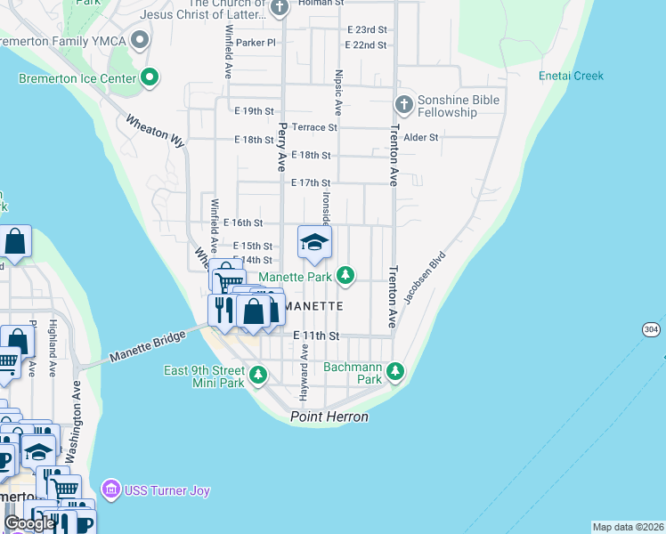 map of restaurants, bars, coffee shops, grocery stores, and more near 1314 Ironsides Ave in Bremerton
