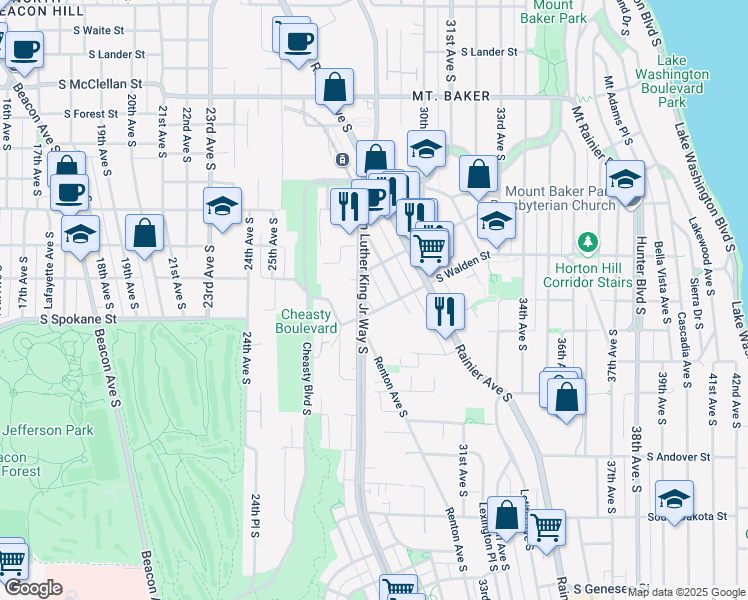 map of restaurants, bars, coffee shops, grocery stores, and more near 3426 Renton Place South in Seattle