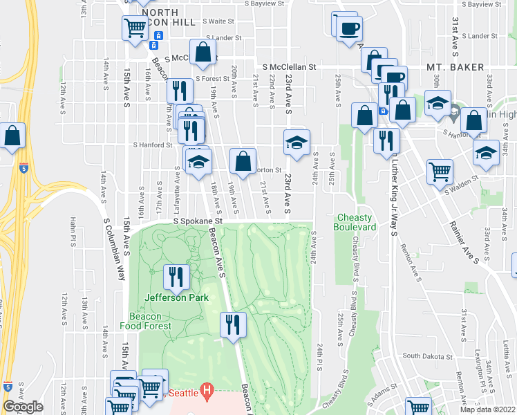 map of restaurants, bars, coffee shops, grocery stores, and more near 3420 20th Avenue South in Seattle