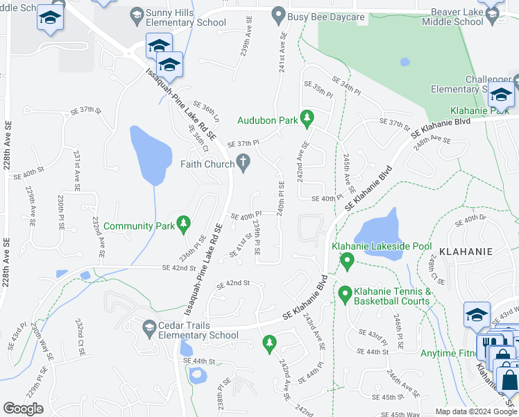 map of restaurants, bars, coffee shops, grocery stores, and more near 23952 Southeast 40th Place in Issaquah
