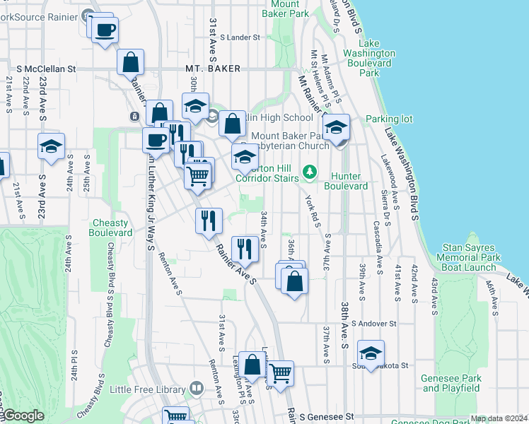 map of restaurants, bars, coffee shops, grocery stores, and more near S Hinds St & 34th Ave S in Seattle