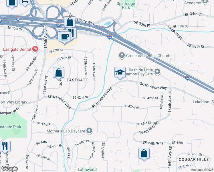 map of restaurants, bars, coffee shops, grocery stores, and more near 4022 156th Avenue Southeast in Bellevue