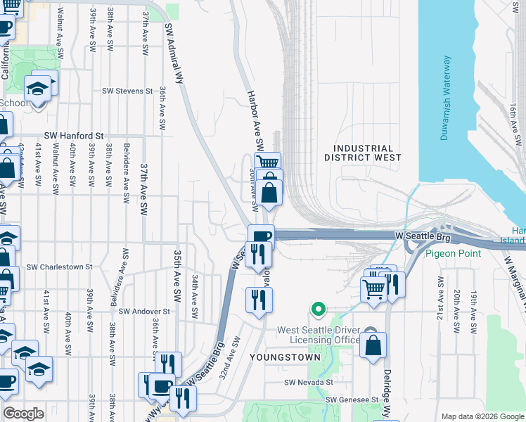 map of restaurants, bars, coffee shops, grocery stores, and more near 3411 30th Avenue Southwest in Seattle