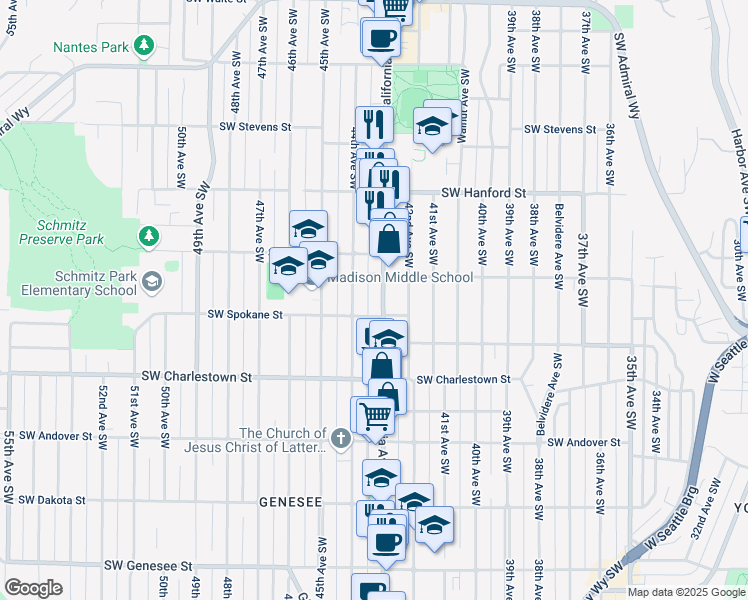 map of restaurants, bars, coffee shops, grocery stores, and more near 3449 California Avenue Southwest in Seattle