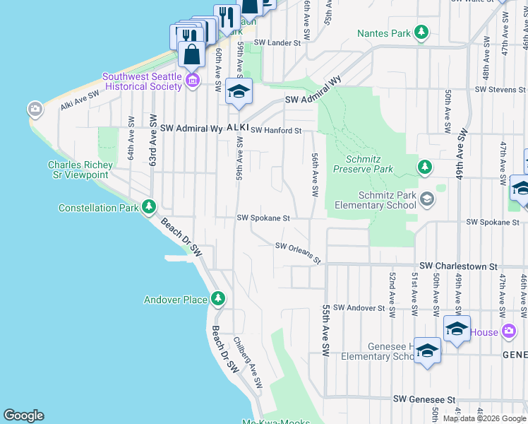 map of restaurants, bars, coffee shops, grocery stores, and more near 5714 Southwest Spokane Street in Seattle