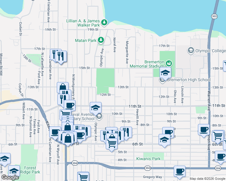 map of restaurants, bars, coffee shops, grocery stores, and more near 1142 Naval Avenue in Bremerton