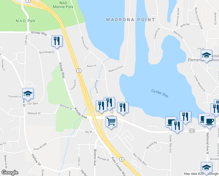 map of restaurants, bars, coffee shops, grocery stores, and more near 1140 Shorewood Drive in Bremerton