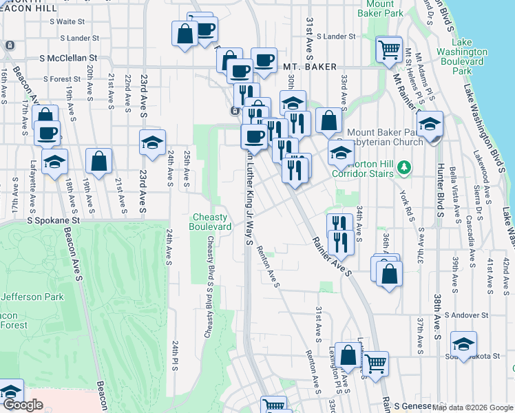 map of restaurants, bars, coffee shops, grocery stores, and more near 3430 Renton Place South in Seattle