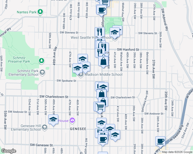map of restaurants, bars, coffee shops, grocery stores, and more near 3442 44th Avenue Southwest in Seattle
