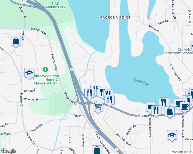 map of restaurants, bars, coffee shops, grocery stores, and more near 1140 Shorewood Drive in Bremerton