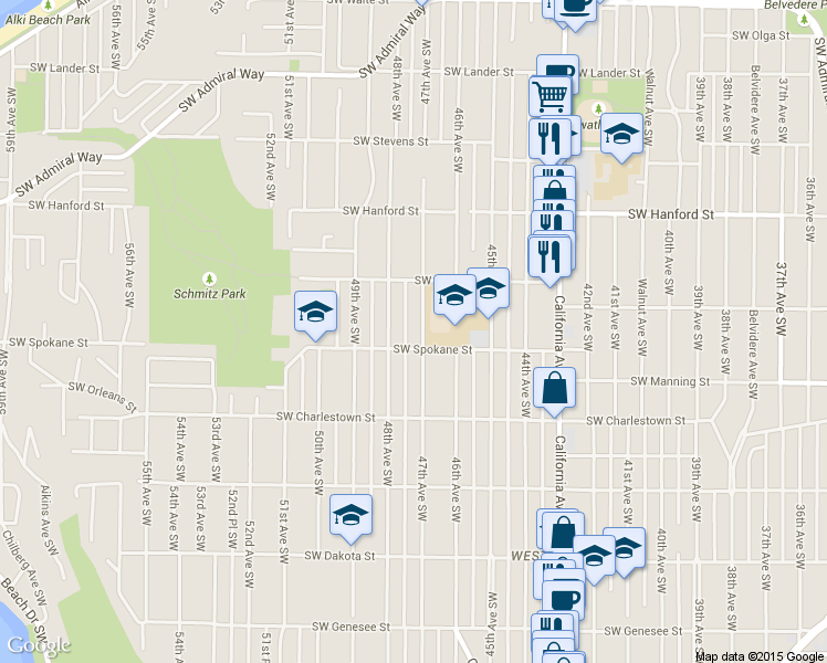 map of restaurants, bars, coffee shops, grocery stores, and more near 3447 47th Avenue Southwest in Seattle