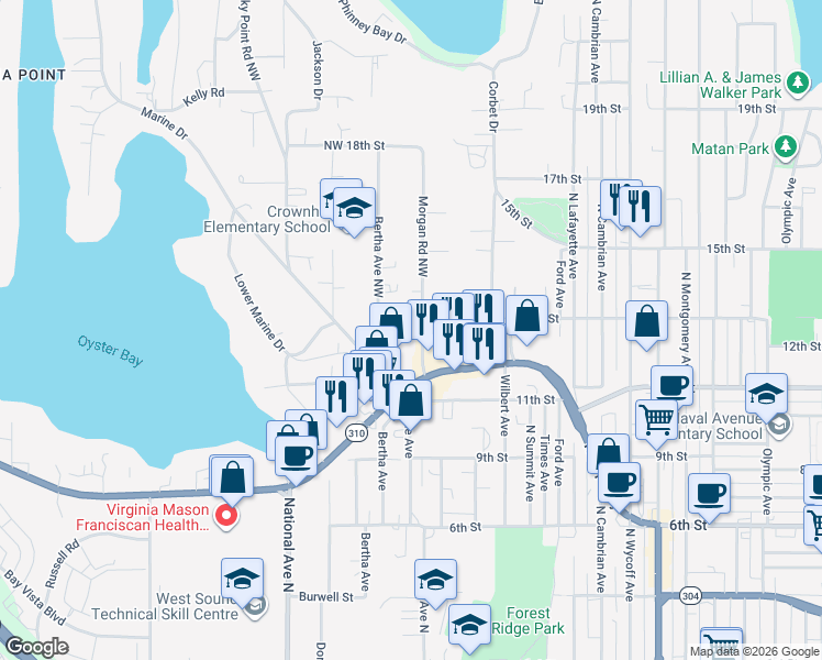 map of restaurants, bars, coffee shops, grocery stores, and more near 1131 Morgan Road Northwest in Bremerton