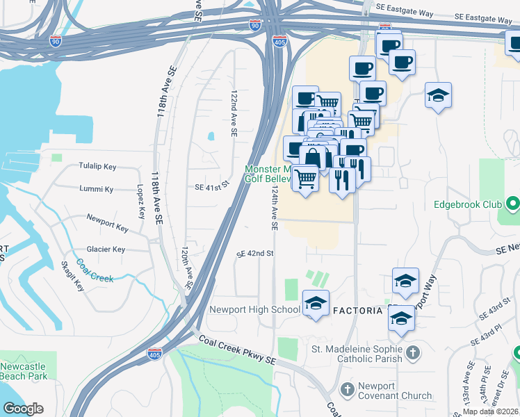 map of restaurants, bars, coffee shops, grocery stores, and more near 4117 124th Avenue Southeast in Bellevue