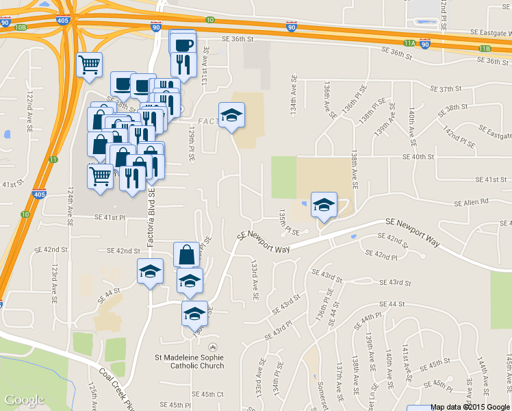 map of restaurants, bars, coffee shops, grocery stores, and more near 4159 134th Avenue Southeast in Bellevue