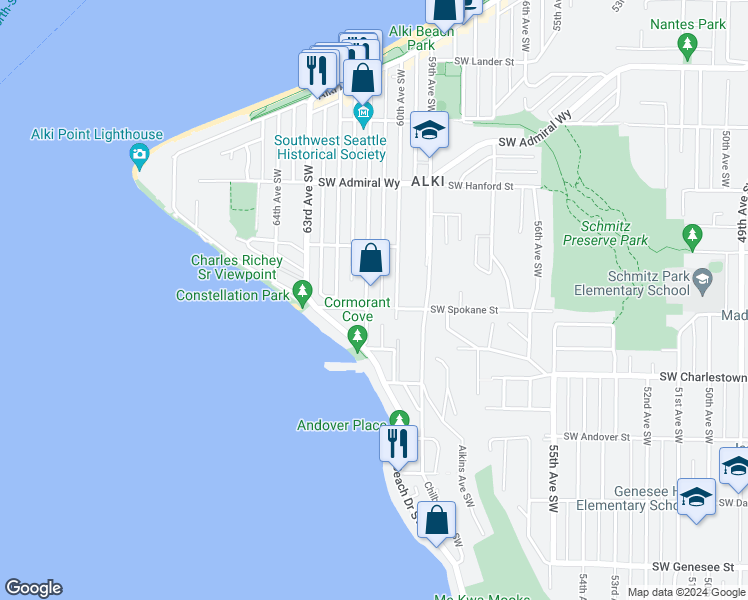 map of restaurants, bars, coffee shops, grocery stores, and more near 3452 61st Avenue Southwest in Seattle