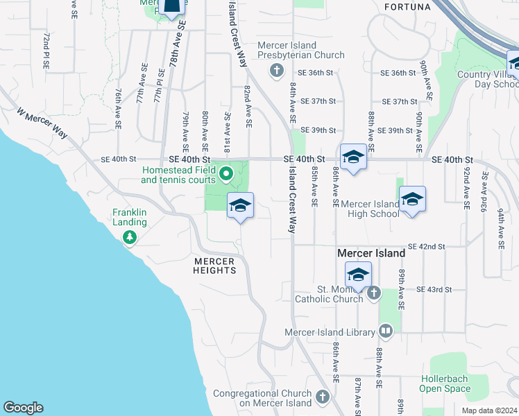 map of restaurants, bars, coffee shops, grocery stores, and more near 8215 Southeast 41st Street in Mercer Island