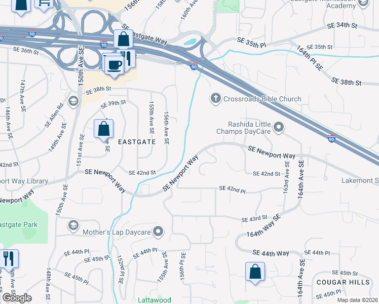 map of restaurants, bars, coffee shops, grocery stores, and more near 4022 156th Avenue Southeast in Bellevue
