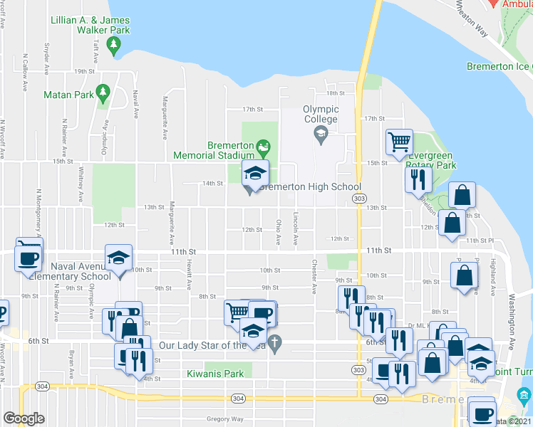 map of restaurants, bars, coffee shops, grocery stores, and more near 1411 13th Street in Bremerton