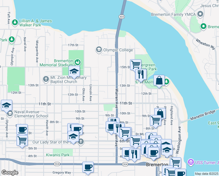 map of restaurants, bars, coffee shops, grocery stores, and more near 1230 Broadway Avenue in Bremerton