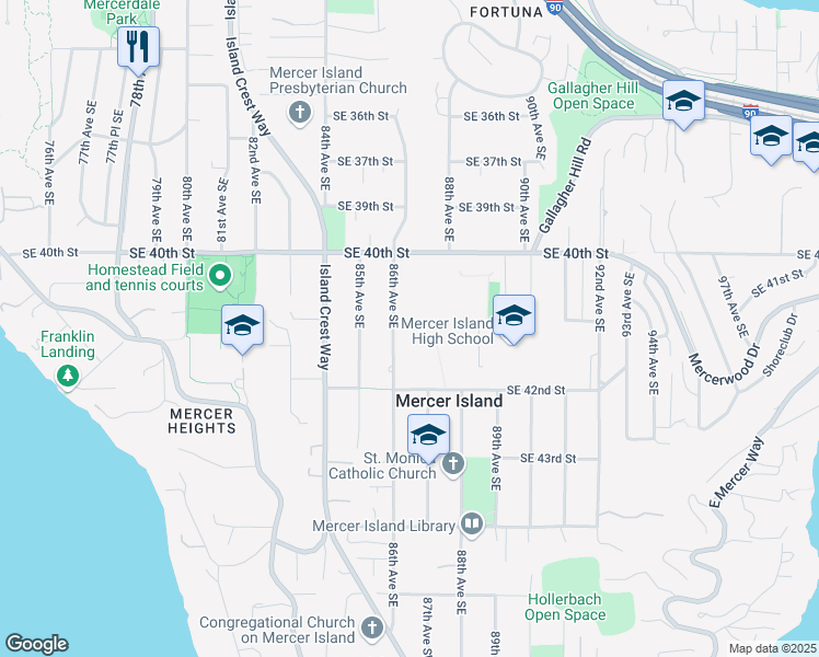 map of restaurants, bars, coffee shops, grocery stores, and more near 4120 86th Avenue Southeast in Mercer Island
