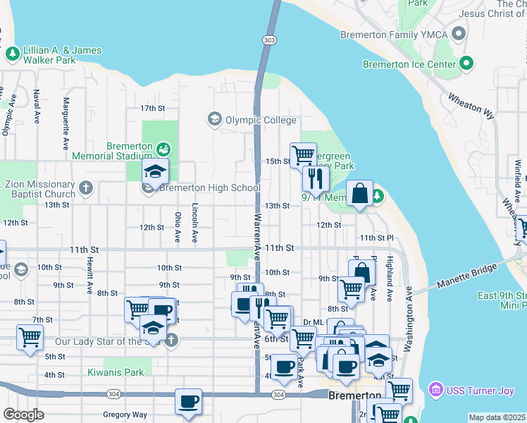 map of restaurants, bars, coffee shops, grocery stores, and more near 1218 Warren Avenue in Bremerton
