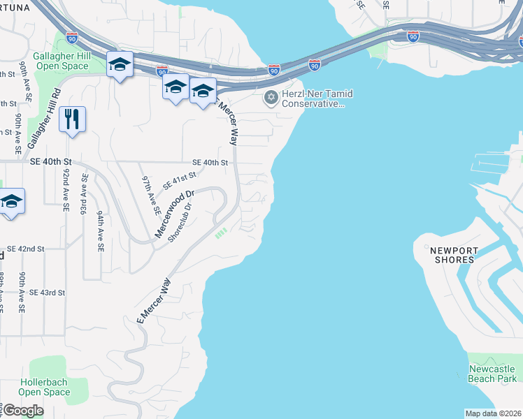 map of restaurants, bars, coffee shops, grocery stores, and more near 4102 100th Avenue Southeast in Mercer Island
