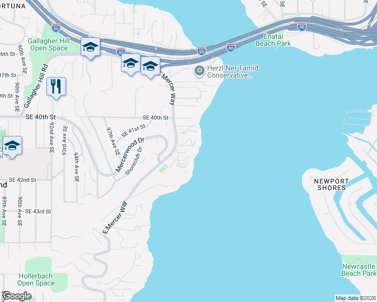 map of restaurants, bars, coffee shops, grocery stores, and more near 4102 100th Avenue Southeast in Mercer Island