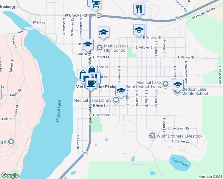 map of restaurants, bars, coffee shops, grocery stores, and more near 304 E Lake St in Medical Lake