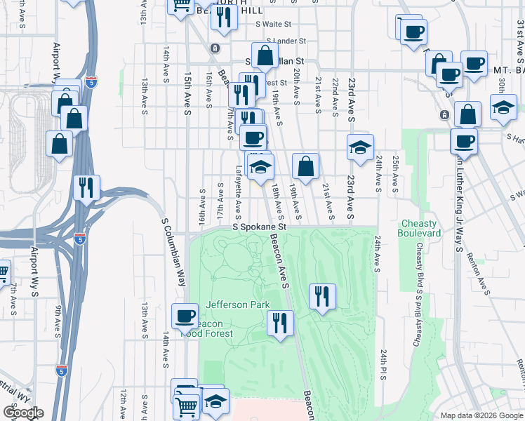 map of restaurants, bars, coffee shops, grocery stores, and more near 3421 Beacon Avenue South in Seattle