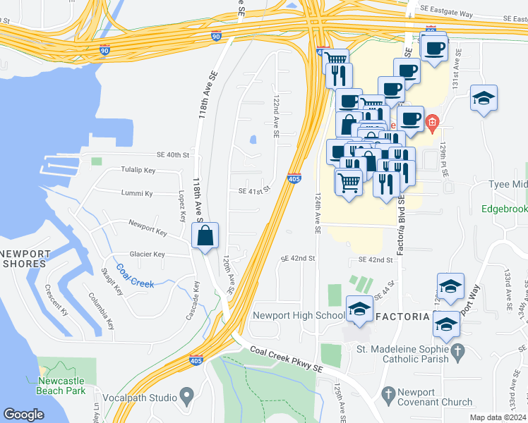 map of restaurants, bars, coffee shops, grocery stores, and more near 12051 Southeast 42nd Street in Bellevue
