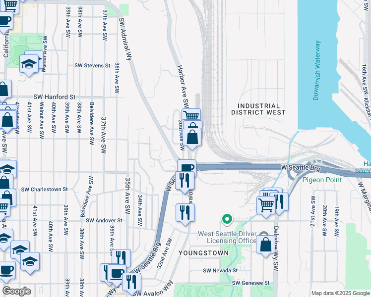 map of restaurants, bars, coffee shops, grocery stores, and more near 3405 Harbor Avenue Southwest in Seattle