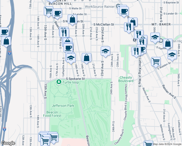 map of restaurants, bars, coffee shops, grocery stores, and more near 3416 20th Avenue South in Seattle