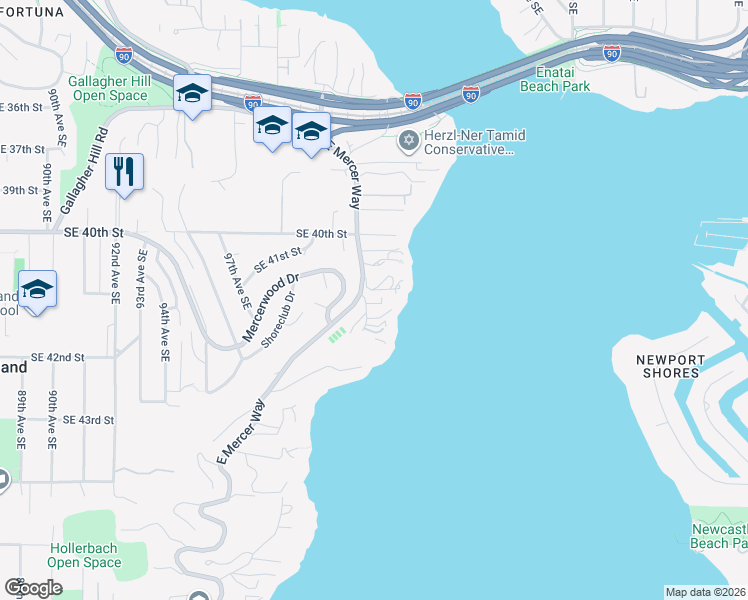 map of restaurants, bars, coffee shops, grocery stores, and more near 4102 100th Avenue Southeast in Mercer Island