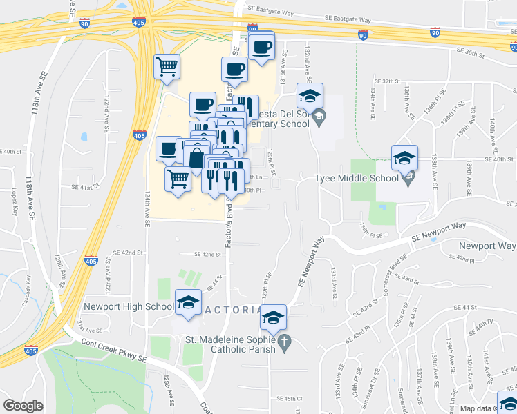 map of restaurants, bars, coffee shops, grocery stores, and more near 4106 128th Avenue Southeast in Bellevue
