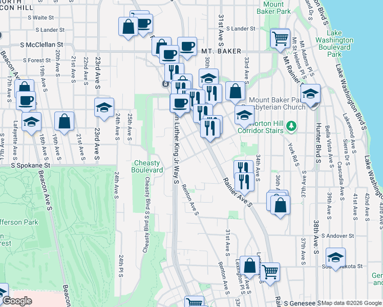 map of restaurants, bars, coffee shops, grocery stores, and more near 3402 Claremont Avenue South in Seattle