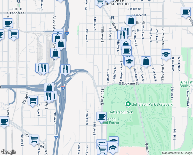 map of restaurants, bars, coffee shops, grocery stores, and more near 3440 14th Avenue South in Seattle